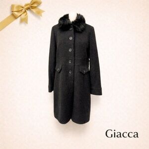 Giacca Black Wool Coat Faux Fur Collar Size Small